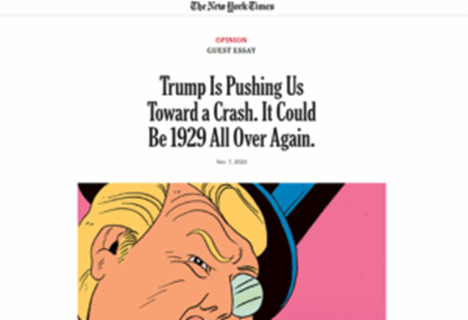Image of NY Time post titled "Trump is Pushing Us Toward a Crash. It Could Be 1929 All Over Again."